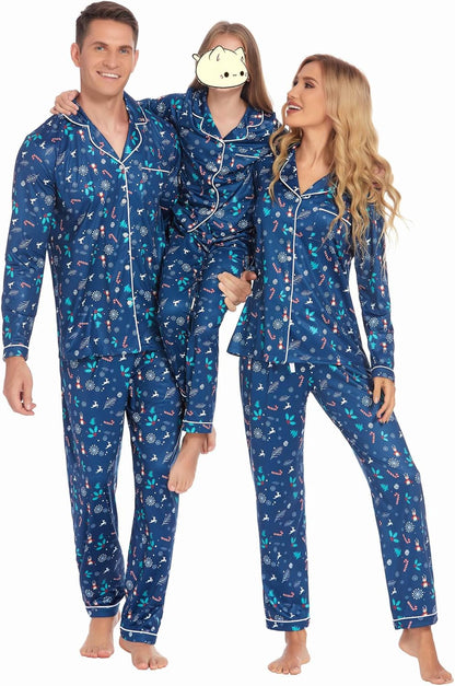 Christmas Family Matching Pajamas - Long Sleeve Button Down PJ Set 6-7 Years Navy Blue Xmas Tree Kids