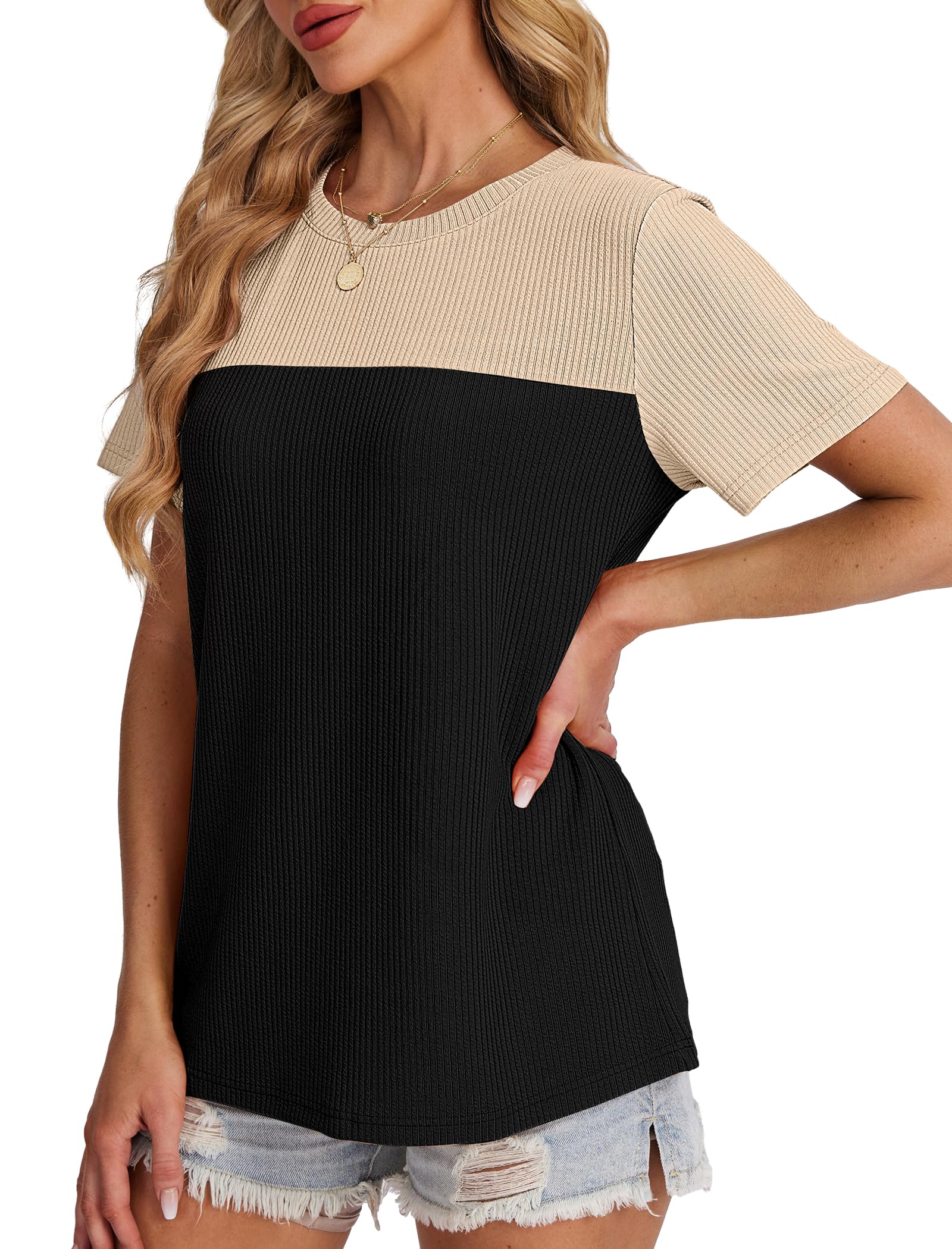 Women's Color Block Knit Shirt Short Sleeve Crewneck Top