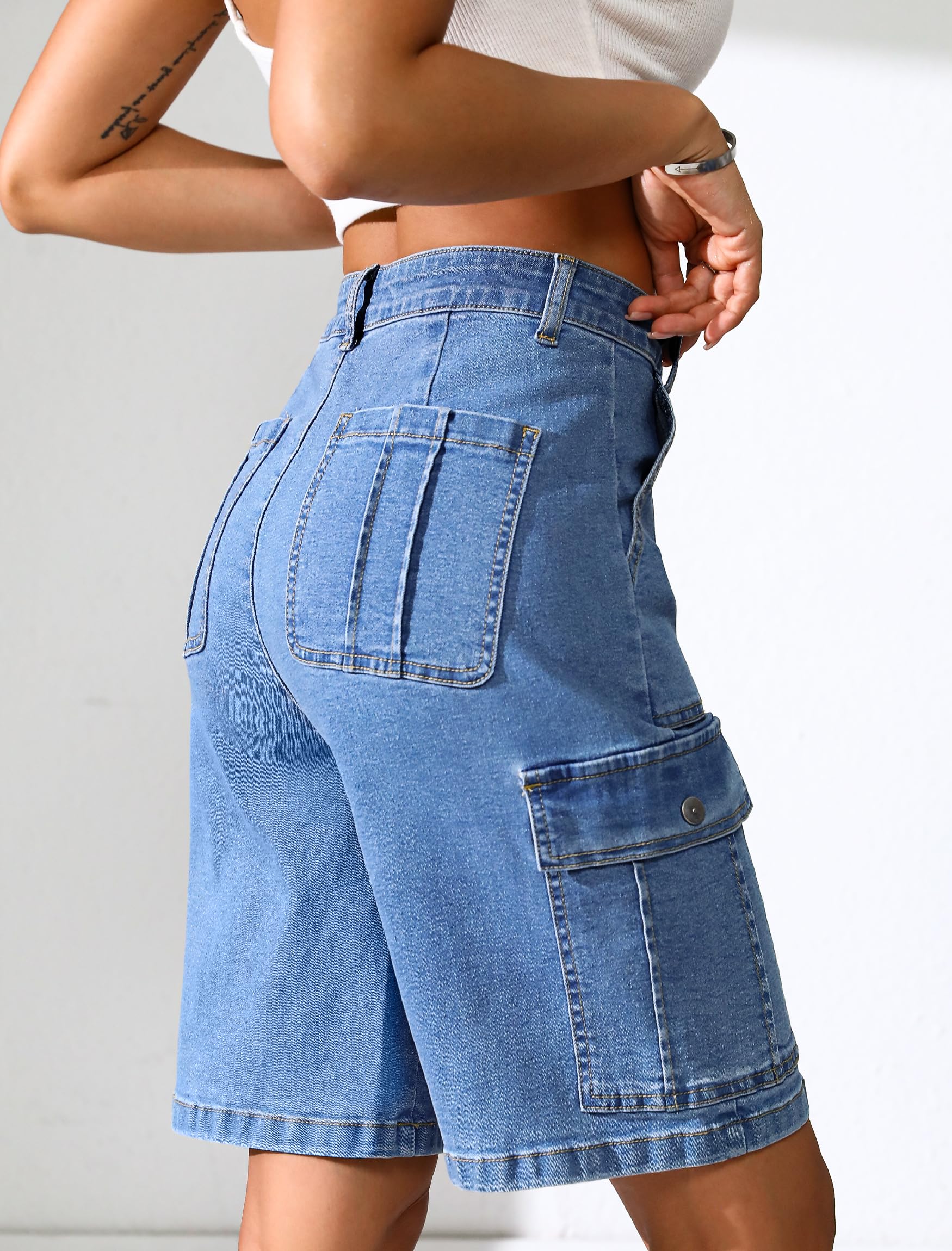 Women High Waisted Bermuda Cargo Shorts - 6 Pockets Stretchy Knee Length Summer Shorts