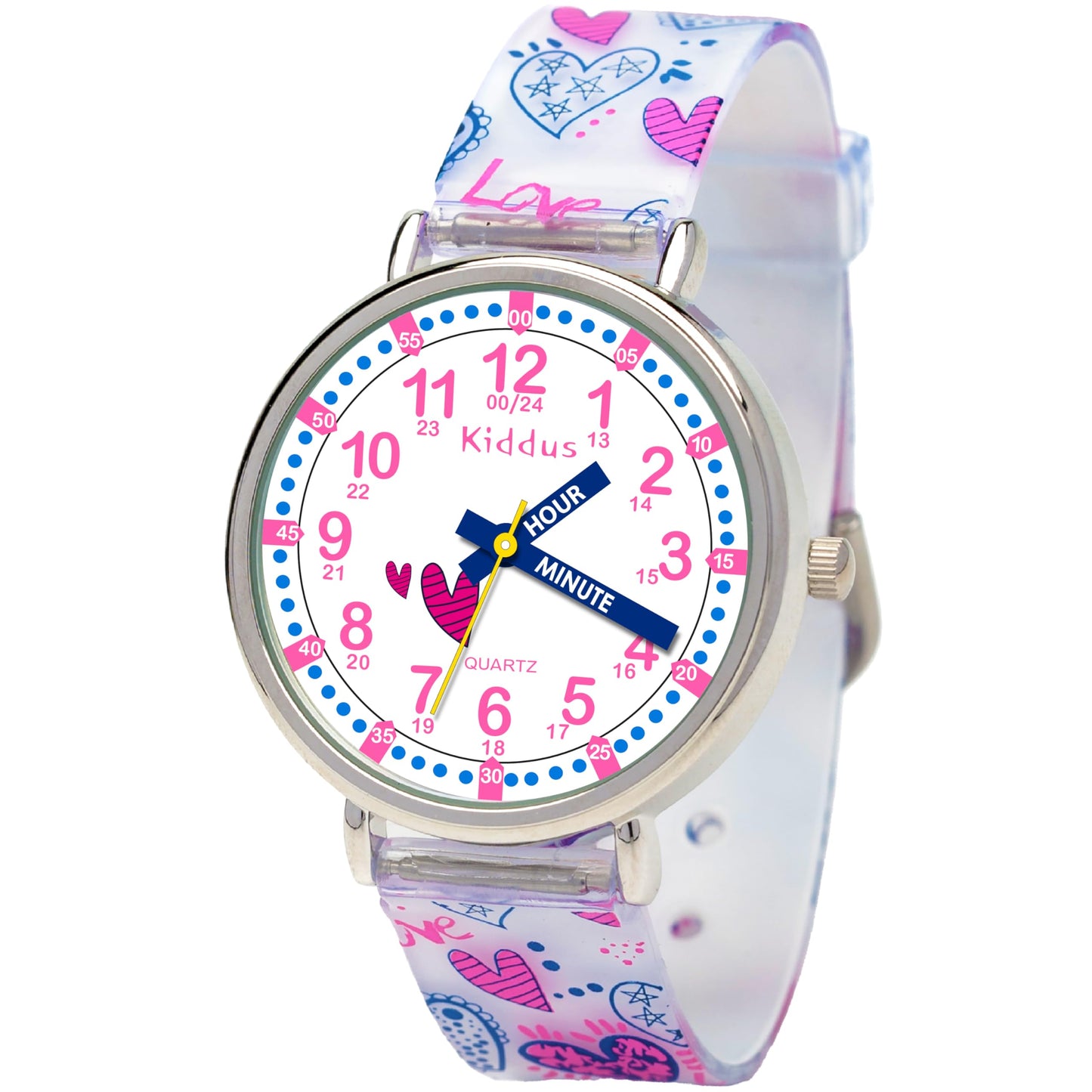 Kids Time Teacher Watch - Educational Analog Watch with Japanese Quartz Movement Ages 5-12 A. English Handles 01 Handles Hearts