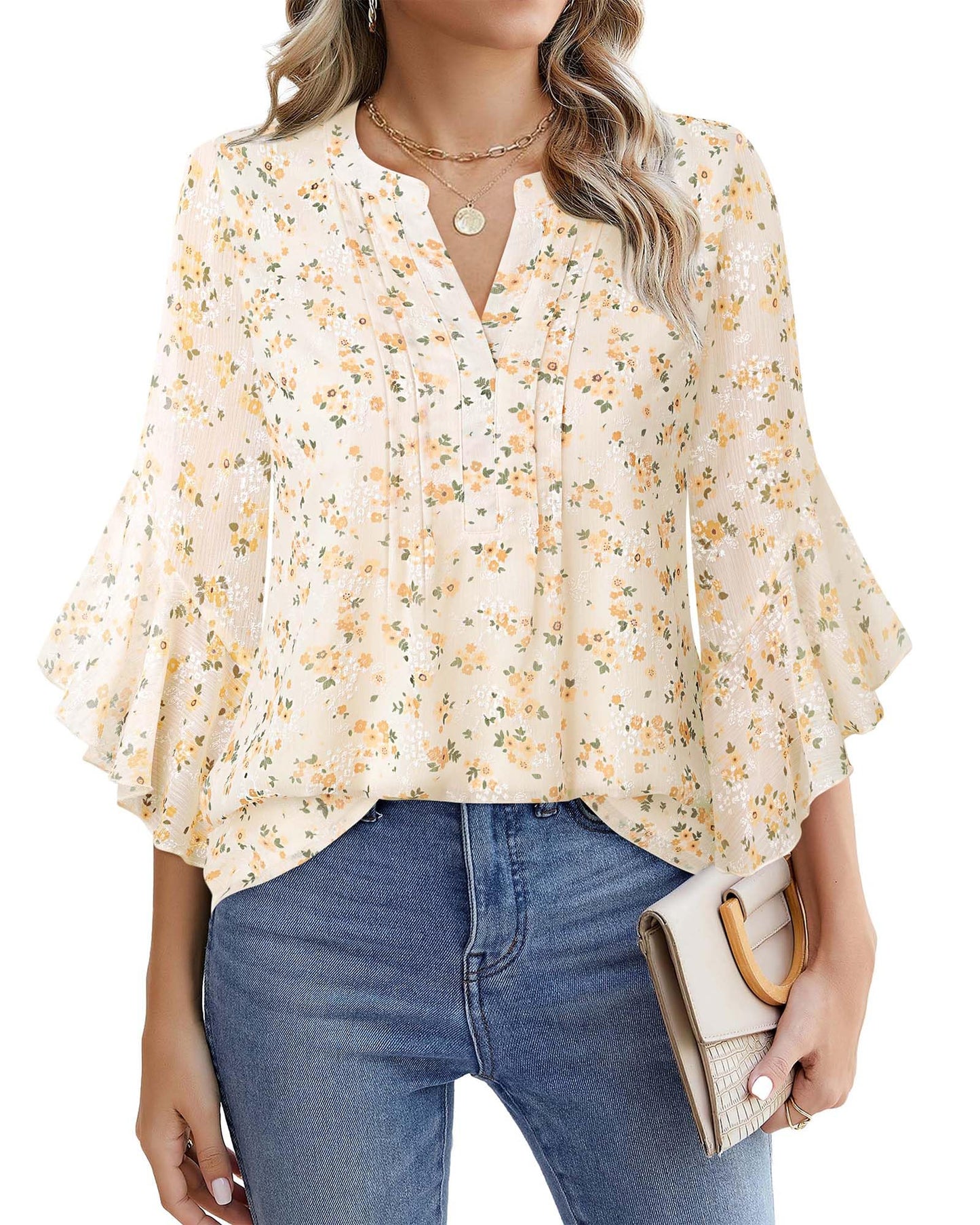 Beautiful Blouses For Ladies - Women's 3/4 Sleeve Chiffon Blouse Dressy Business Casual Work Shirt Multi-yellow