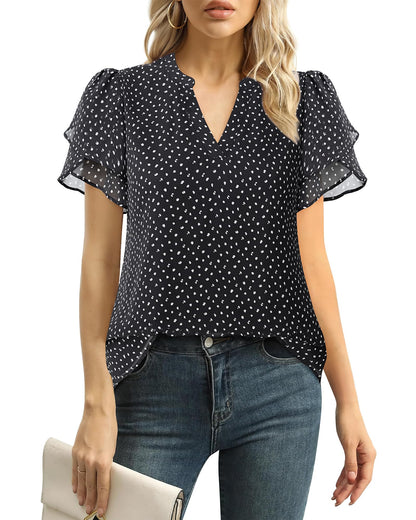 Polyester Blouses - Women's Chiffon Blouse V-Neck Puff Sleeve Summer Top for Work and Casual Wear
