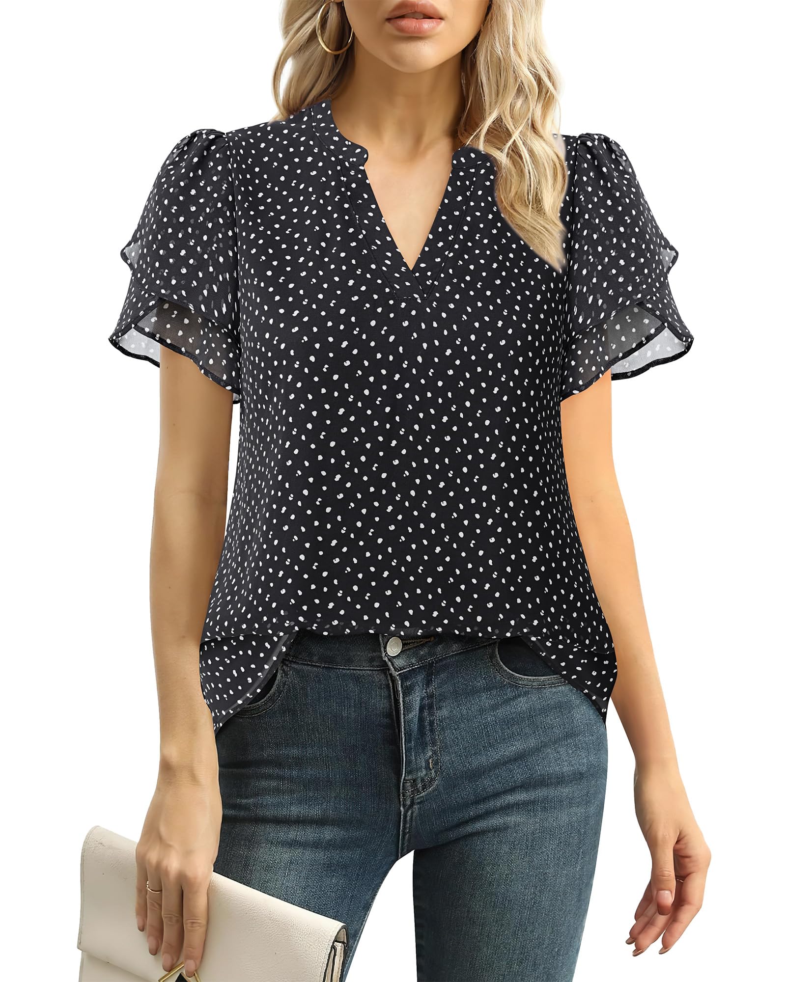 Polyester Blouses - Women's Chiffon Blouse V-Neck Puff Sleeve Summer Top for Work and Casual Wear