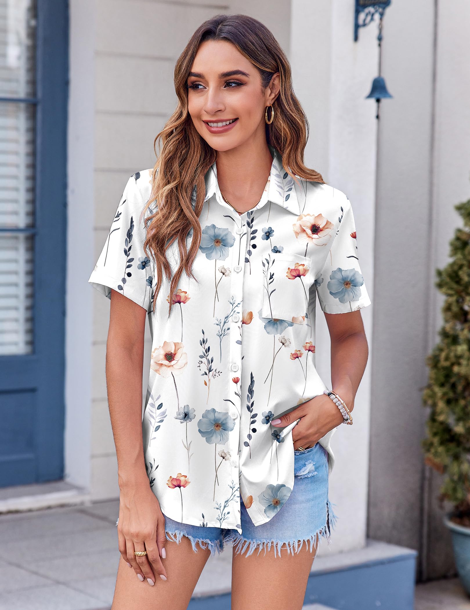 Polyester Blouse - Women's Button Down Shirt Short Sleeve Business Casual Blouse with Chest Pocket
