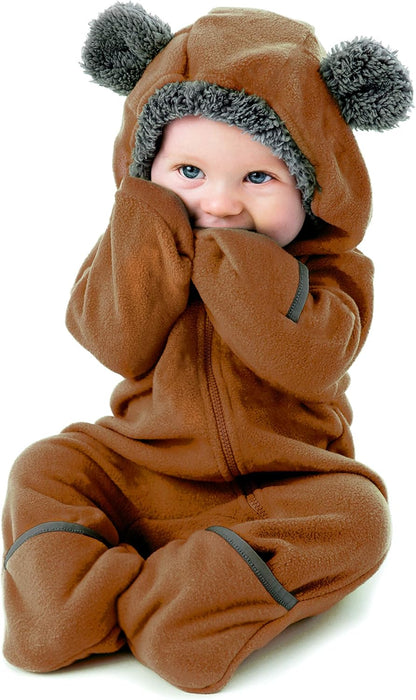 Fleece Baby Bunting with Hood - Convertible Mittens & Booties for Newborn & Infant Bear - Brown