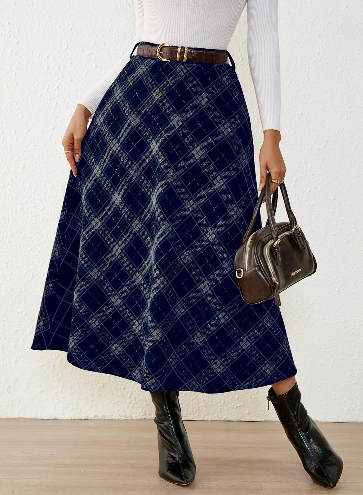 Women's Plaid Skirts - High Waist A-Line Midi Tartan Skirt with Pockets