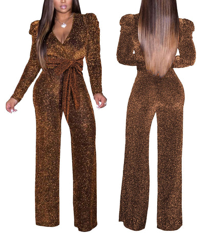 Women's Sparkly Jumpsuits Sexy Long Sleeve Cocktail Elegant Mock Neck Bodycon Straight Long Pants Rompers with Pockets
