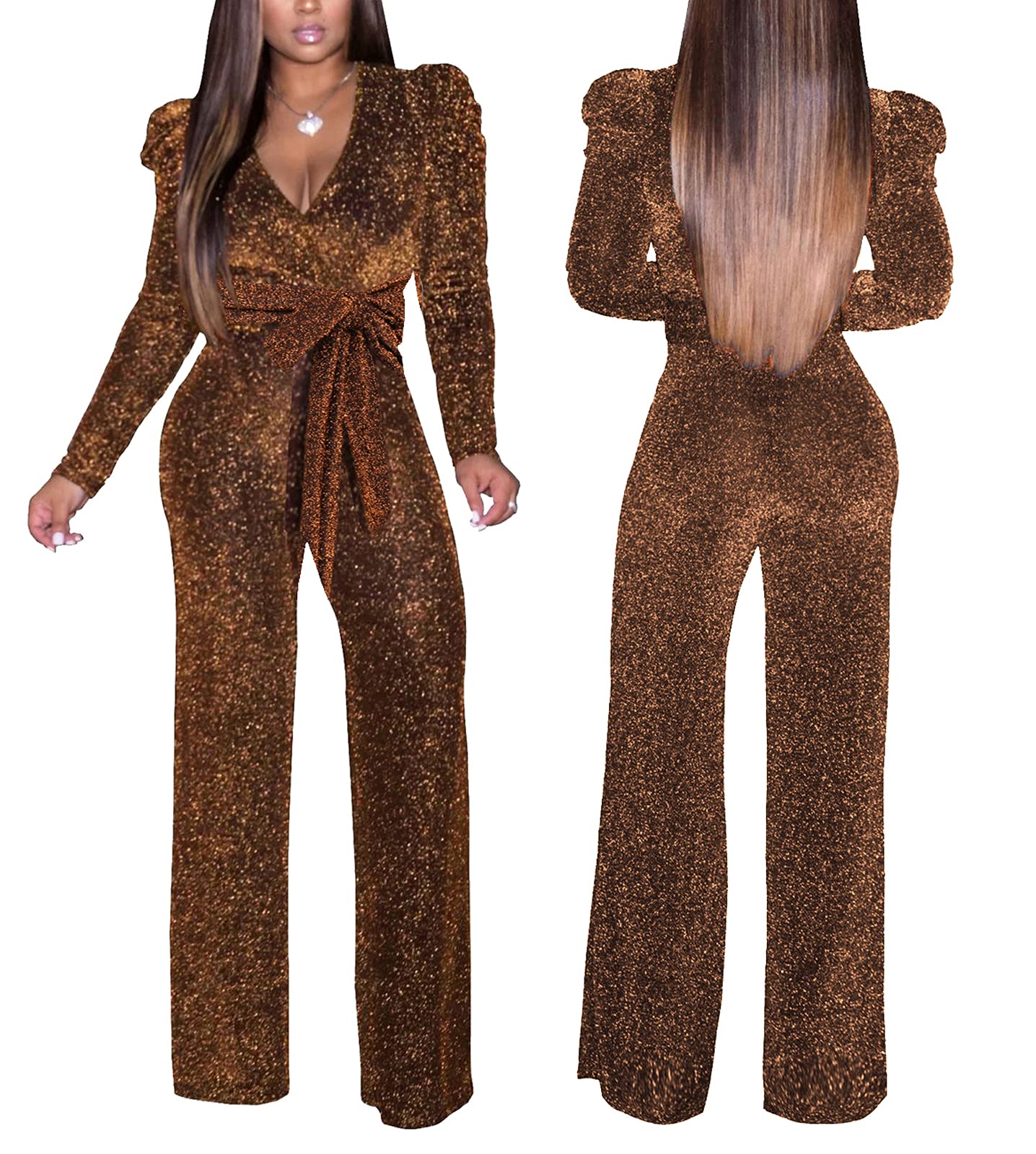 Women's Sparkly Jumpsuits Sexy Long Sleeve Cocktail Elegant Mock Neck Bodycon Straight Long Pants Rompers with Pockets