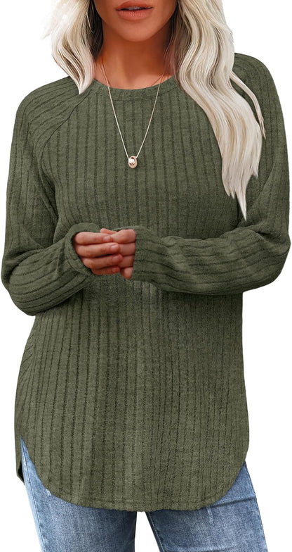 Long Sleeve Tunic Top for Women - Loose Fit Pullover with Curved Hem Olive Army Green