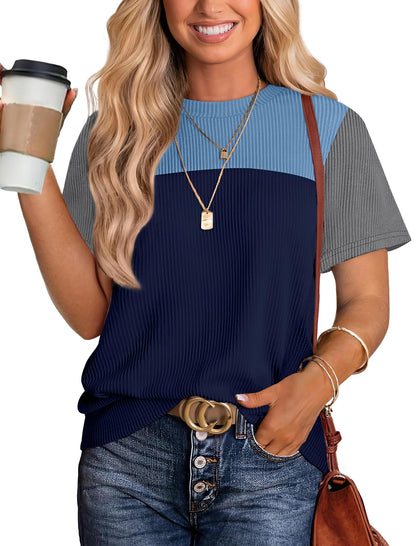 Women's Color Block Knit Shirt Short Sleeve Crewneck Top
