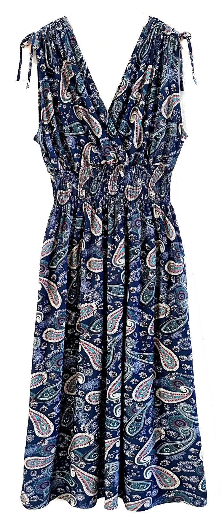 Smocked Maxi Dress - V Neck Exotic Print Dress for Maternity & Plus Size
