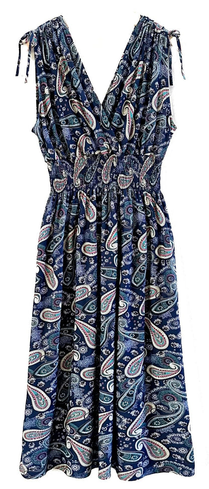 Smocked Maxi Dress - V Neck Exotic Print Dress for Maternity & Plus Size