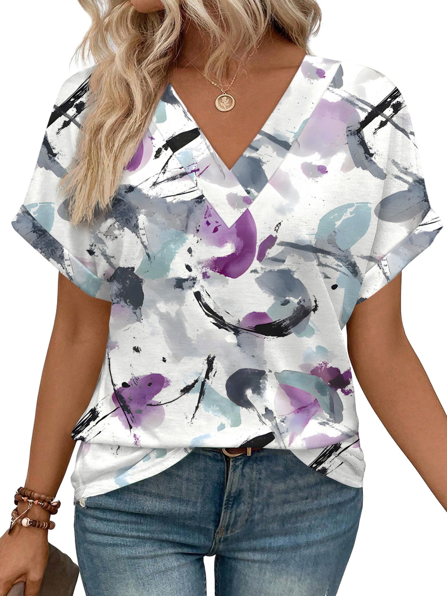 Womens Summer Tops V Neck Short Sleeve Shirts Casual Dolman Sleeve Fashion Blouse 3-purple Printed