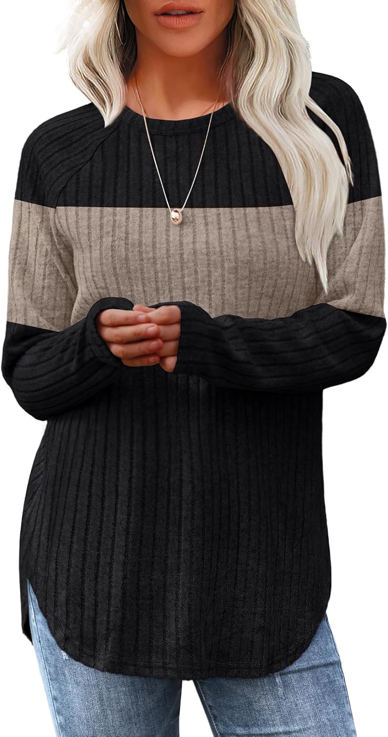 Women's Long Sleeve Tunic Tops - Loose Fit Crewneck Pullover with Curved Hem