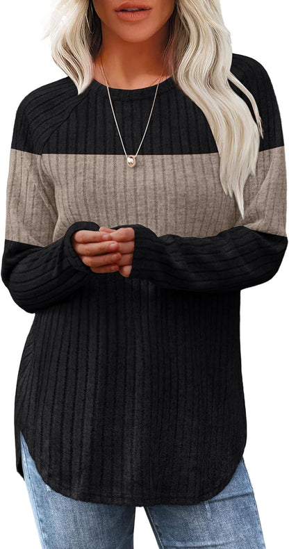 Women's Long Sleeve Tunic Tops - Loose Fit Crewneck Pullover with Curved Hem Color Block(black-apricot)