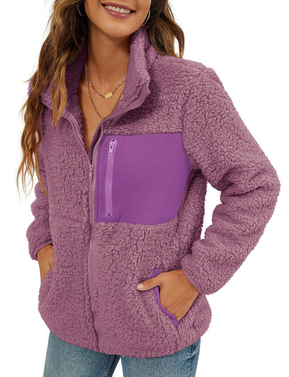 VVK Women's Fashion Faux Shearling Shaggy Full Zip Coats Warm Winter Patchwork Jackets with Pocket