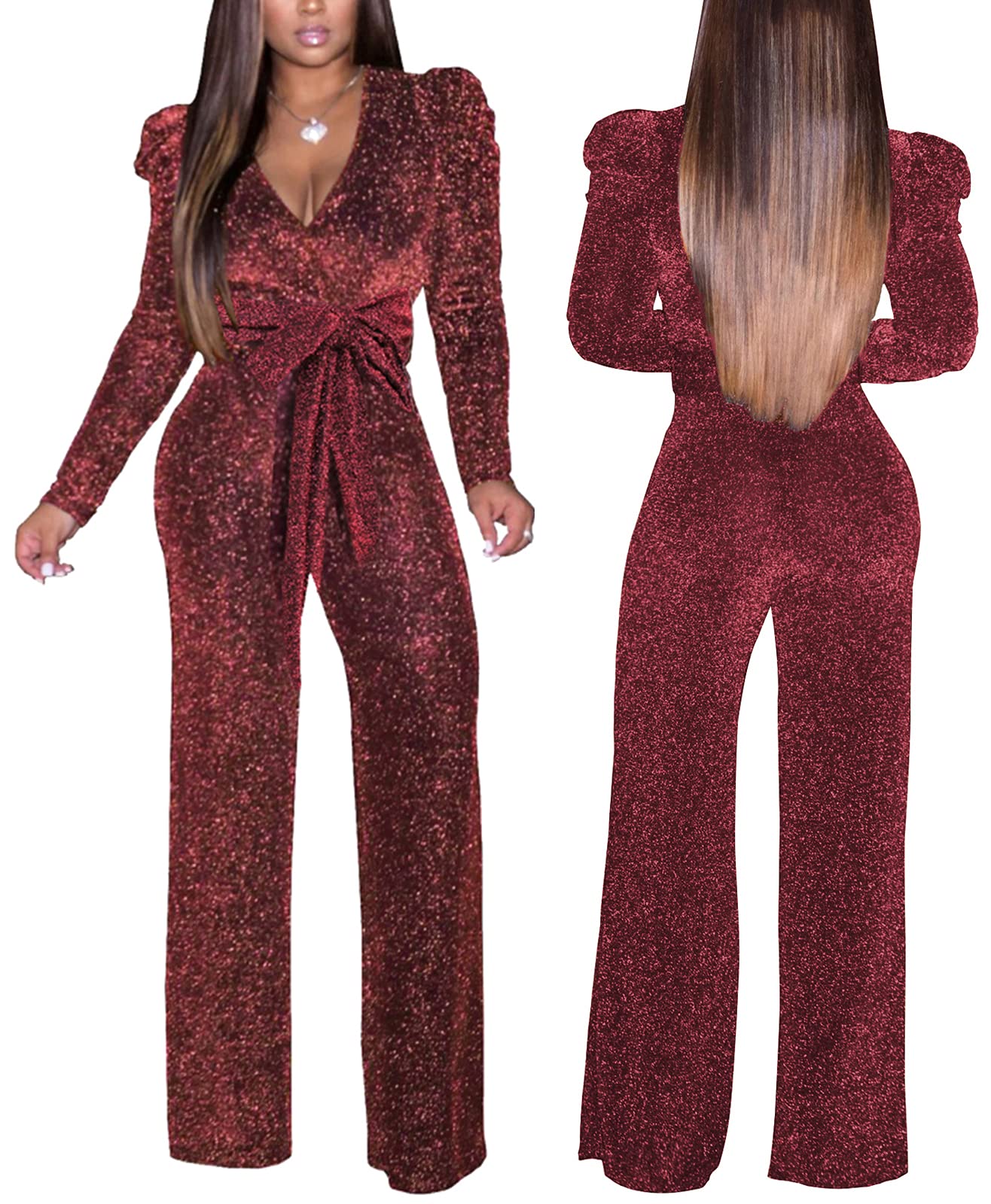 Women's Sparkly Jumpsuits Sexy Long Sleeve Cocktail Elegant Mock Neck Bodycon Straight Long Pants Rompers with Pockets