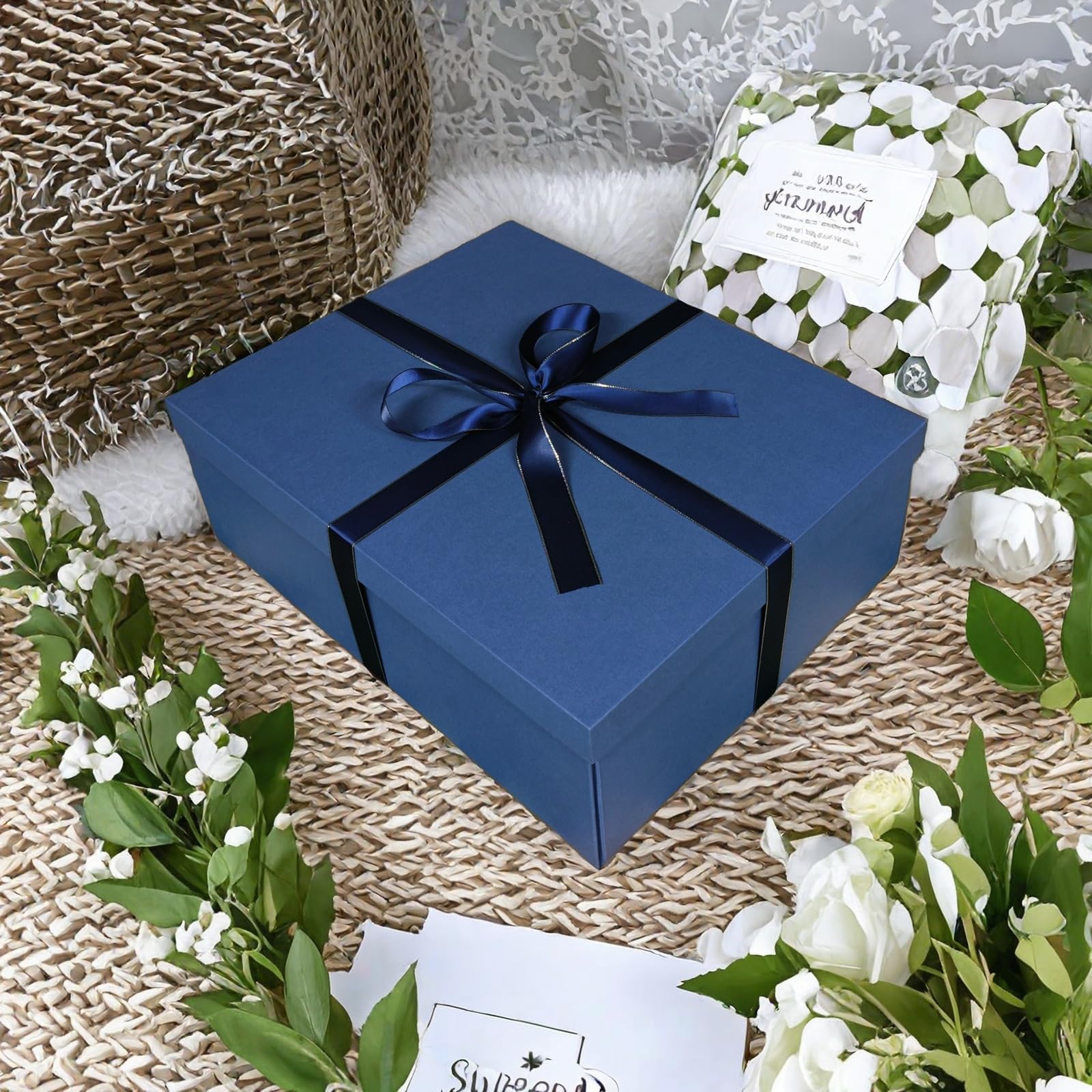 Large Gift Box with Lid 16.5x13x5.5 inches - Includes Card, Ribbons & Filler
