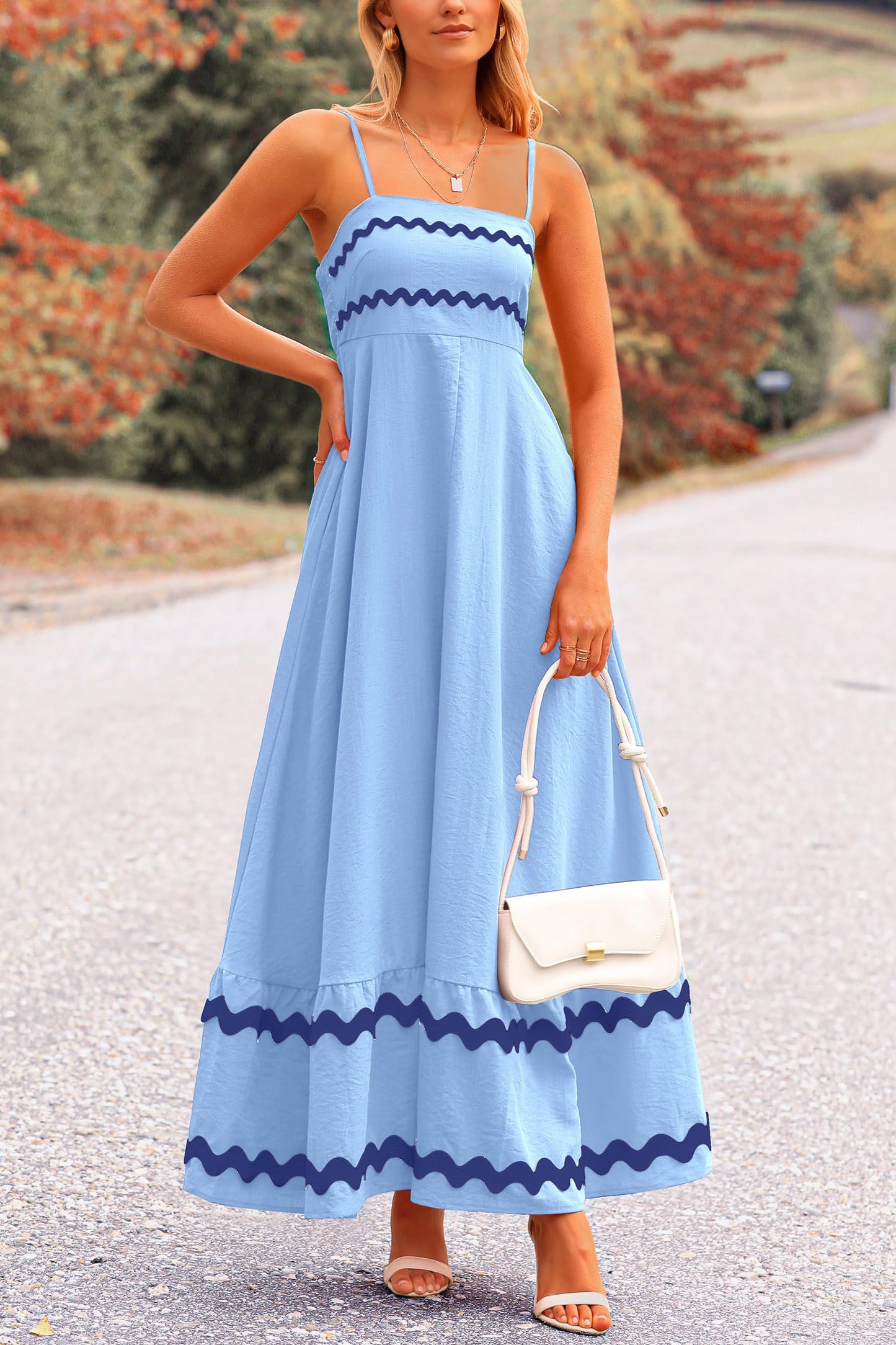 Blue Casual Dresses - Women's Sleeveless Spaghetti Strap Maxi Dress - Flowy Beach Ruffle