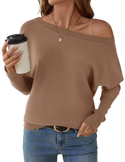 Women's Off The Shoulder Sweater - Oversized Knit Batwing Sleeve Pullover Brown