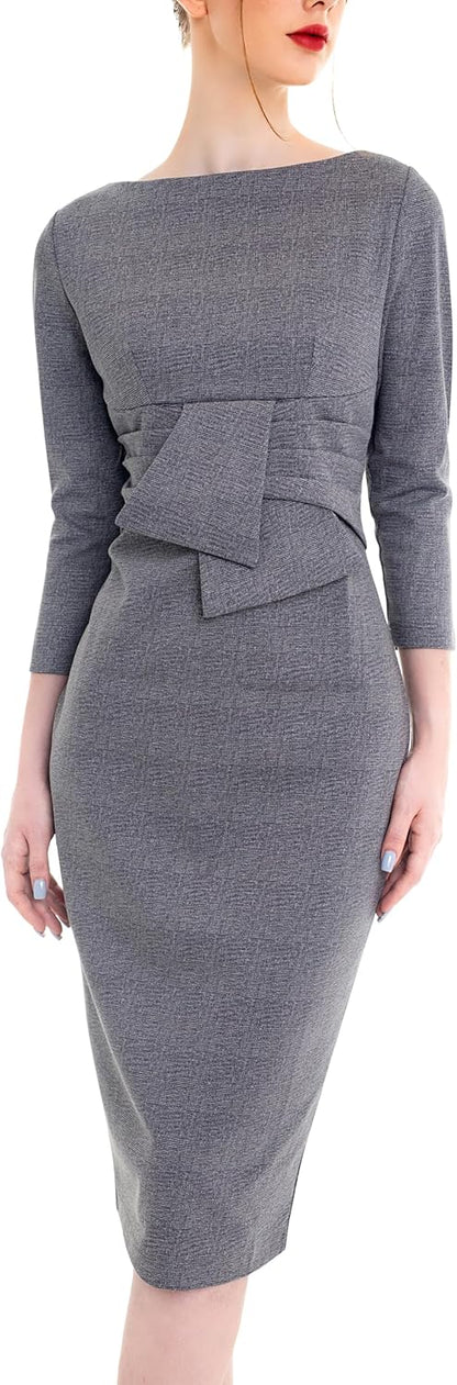 Work Office Business Dress - Square Neck Sheath Midi Dress with Long Sleeves 6 Plaid Houndstooth