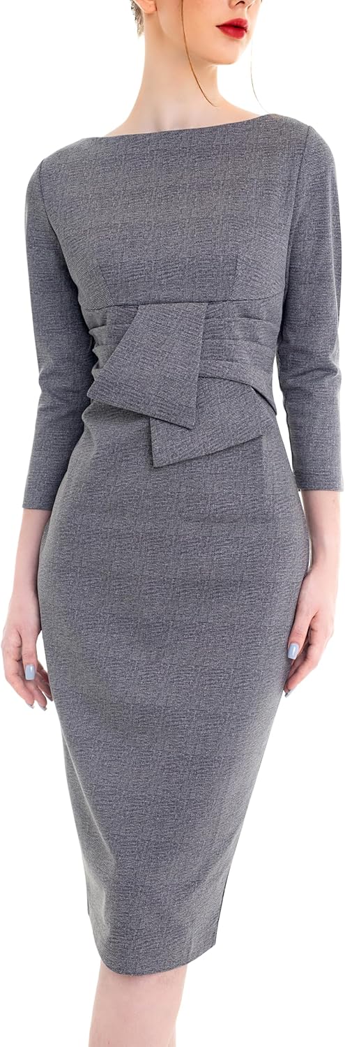 Work Office Business Dress - Square Neck Sheath Midi Dress with Long Sleeves 6 Plaid Houndstooth