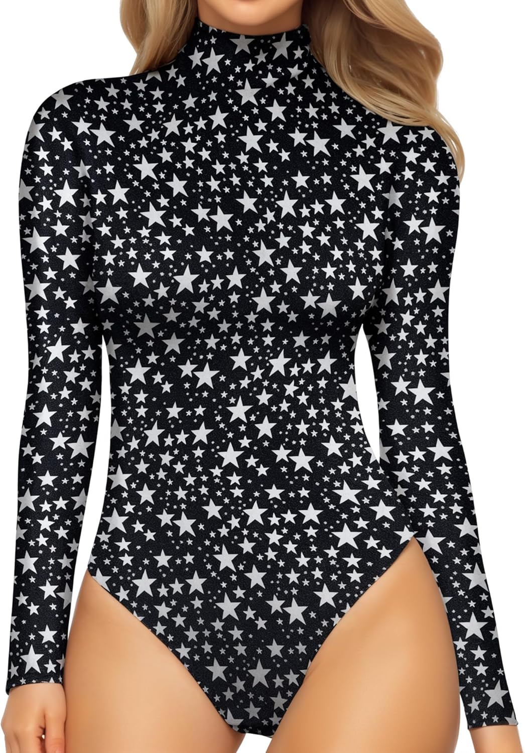 Mock Turtleneck Bodysuit - Long Sleeve Fitted Top with Snap Closure