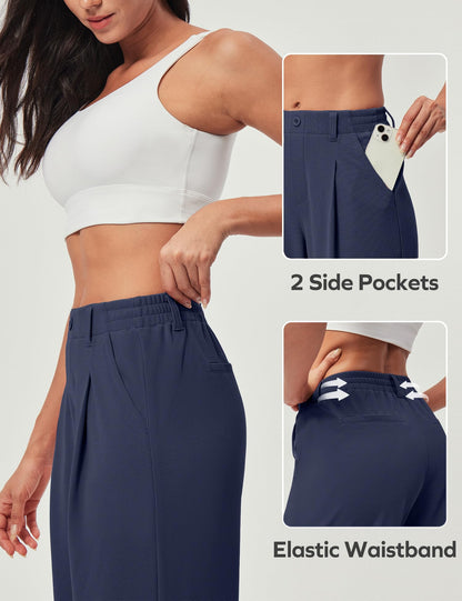 Women's Wide Leg Work Pants - Stretchy Pull-On Business Casual Trousers with Pockets