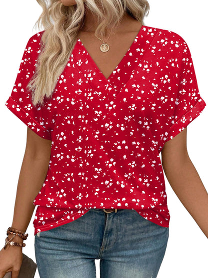 Womens Summer Tops V Neck Short Sleeve Shirts Casual Dolman Sleeve Fashion Blouse 3-red Spot
