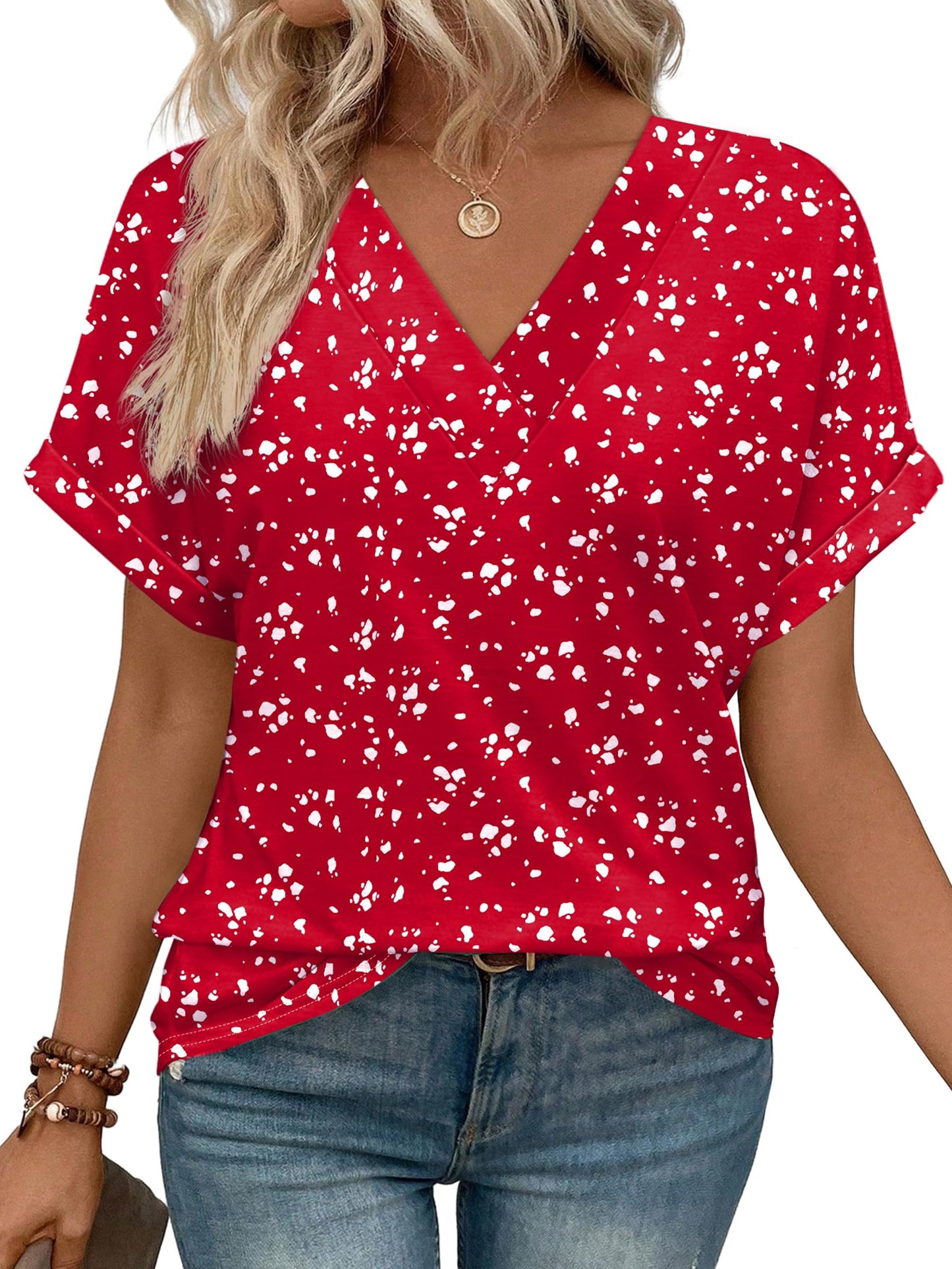 Womens Summer Tops V Neck Short Sleeve Shirts Casual Dolman Sleeve Fashion Blouse 3-red Spot