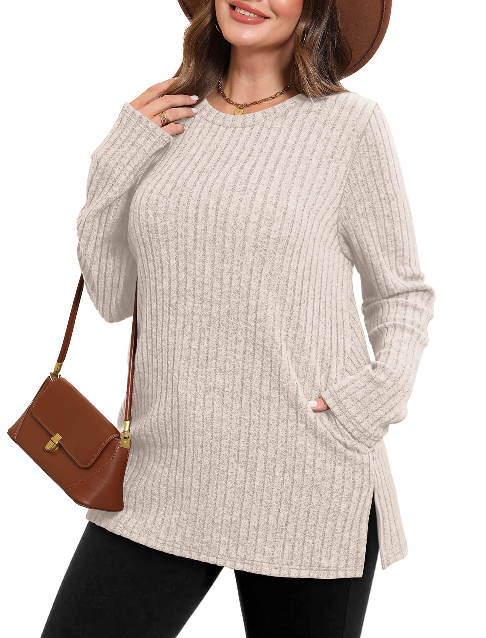 Women's Crewneck Sweater with Pockets - Long Sleeve Tunic Top with Side Slits