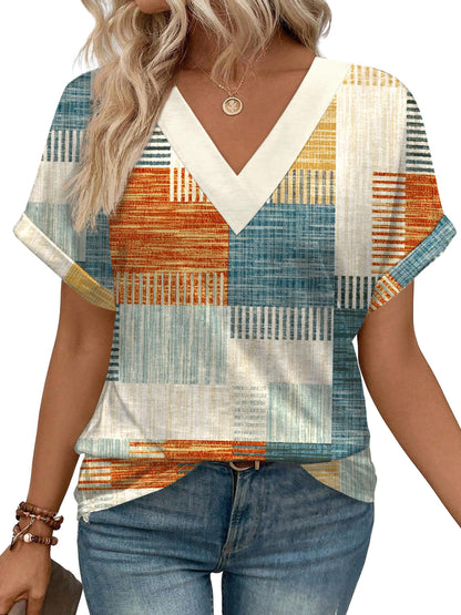 Womens Summer Tops V Neck Short Sleeve Shirts Casual Dolman Sleeve Fashion Blouse 3-plaid
