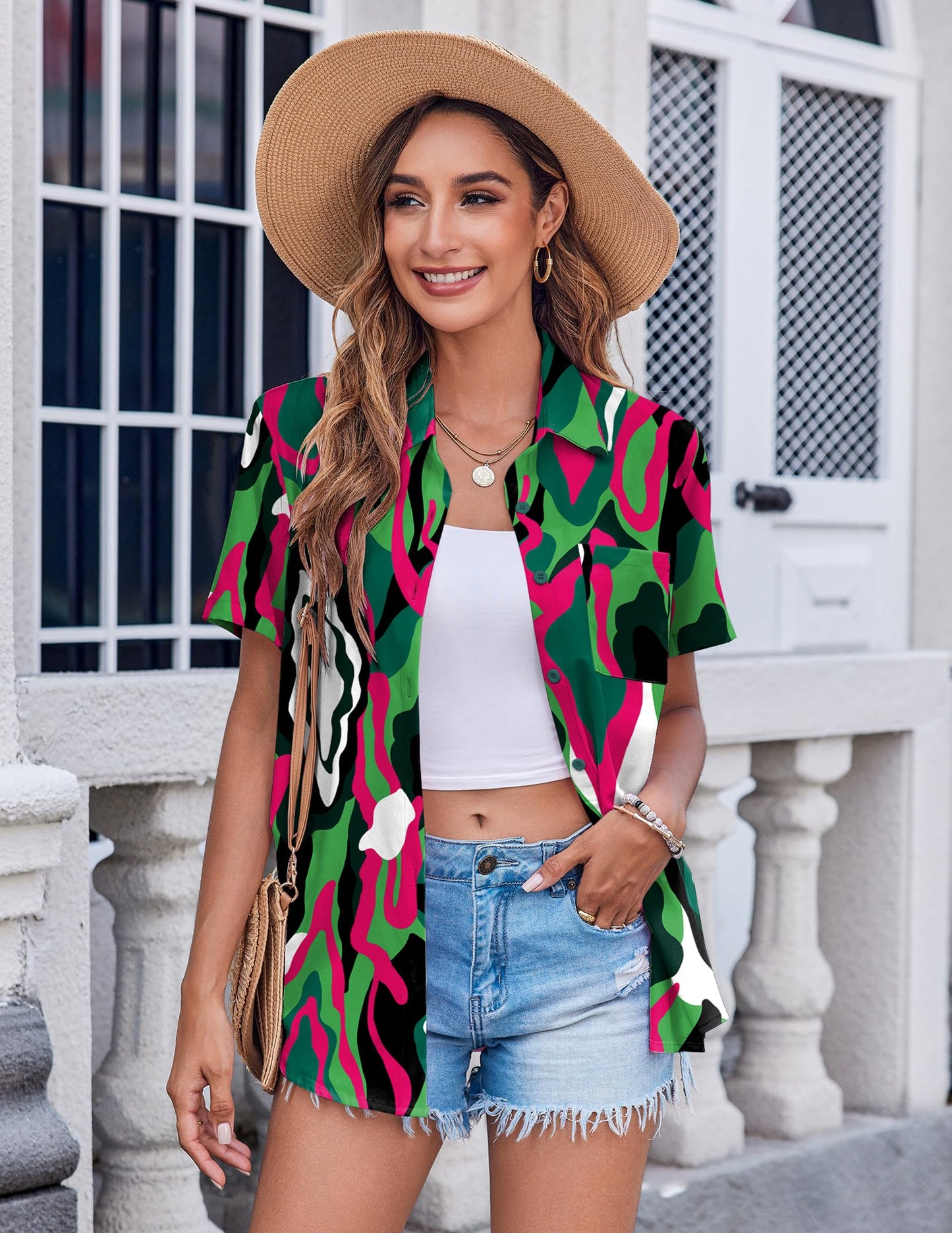 Polyester Blouse - Women's Button Down Shirt Short Sleeve Business Casual Blouse with Chest Pocket