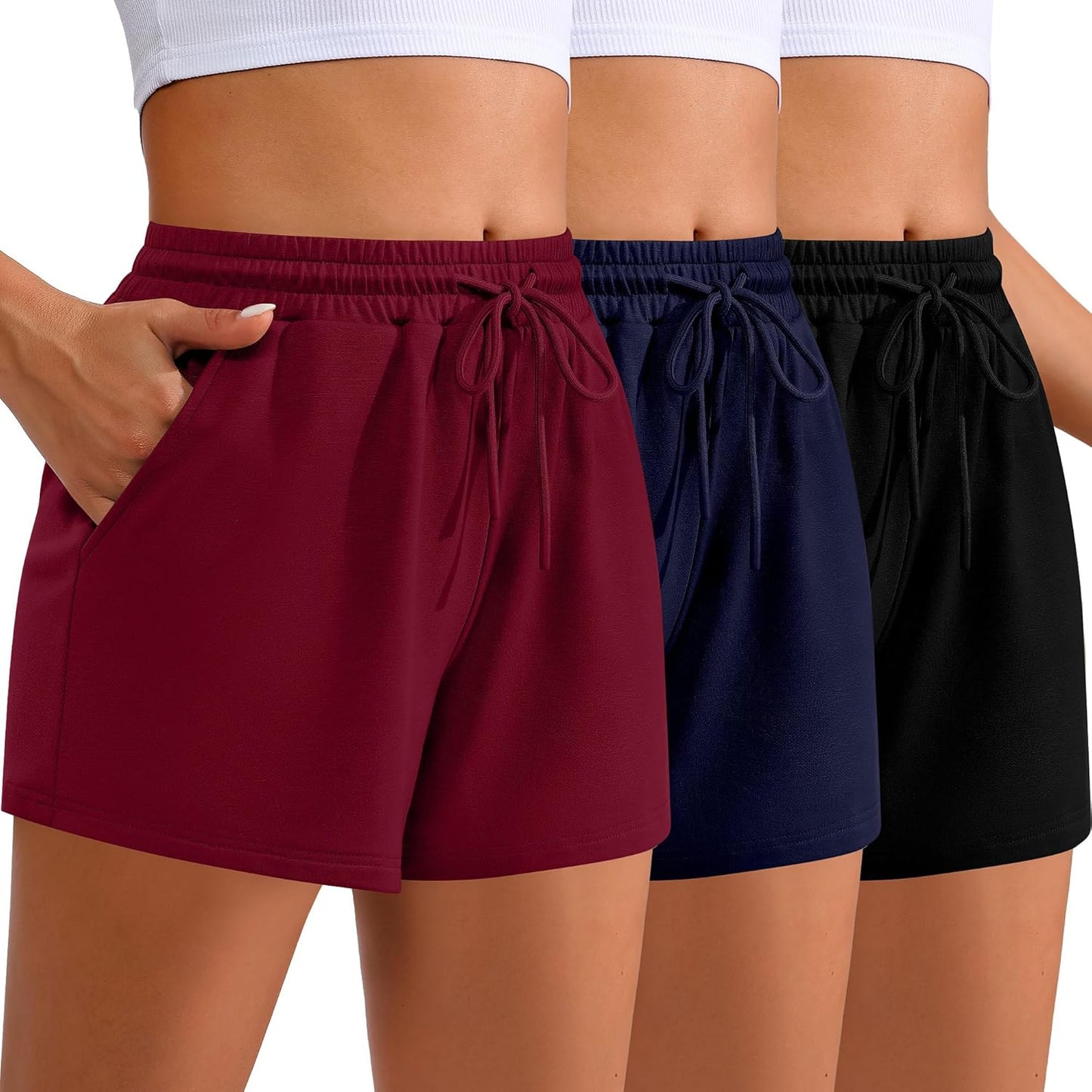 Women Sweat Shorts 3-Pack - High Waist Athletic Lounge Shorts with Pockets