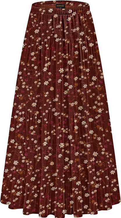 Chiffon Maxi Skirt for Women - High Waist Pleated A-Line Flared Long Skirt X-Large Reddish Brown Flower