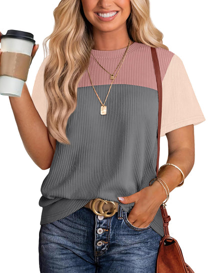 Women's Color Block Knit Shirt Short Sleeve Crewneck Top