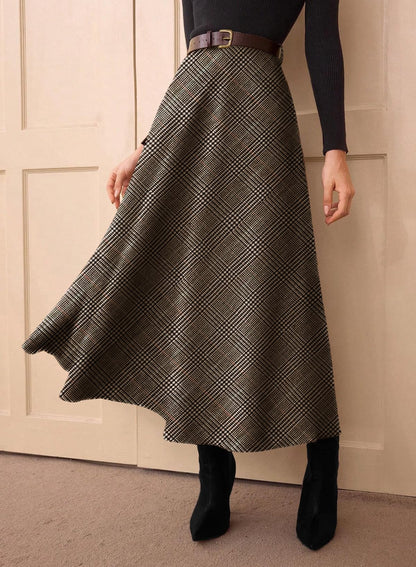 Women's Plaid Skirts - High Waist A-Line Midi Tartan Skirt with Pockets