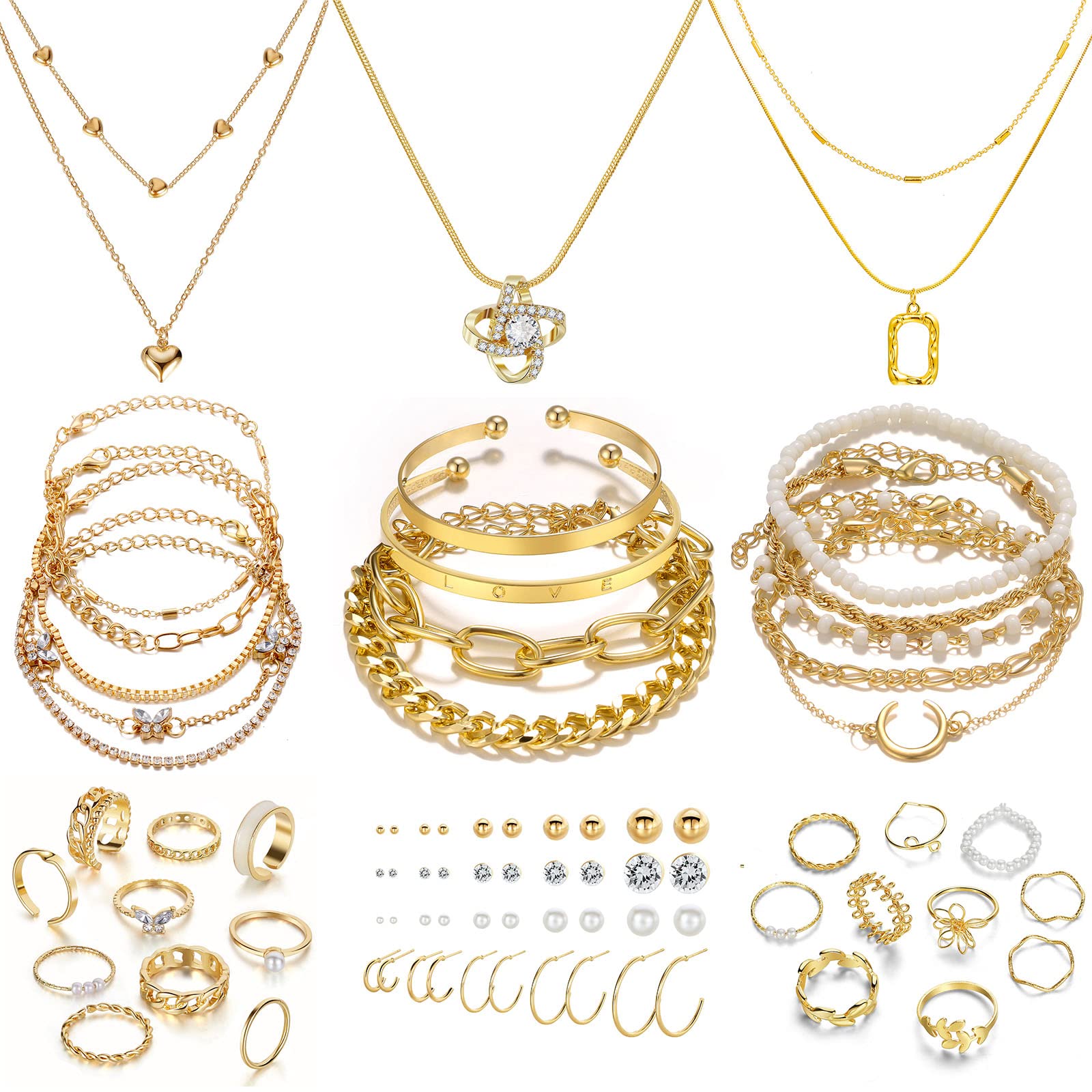 Women's Accessories - 36-Piece Gold Plated Jewelry Set Necklaces Bracelets Earrings Rings Gift Gold
