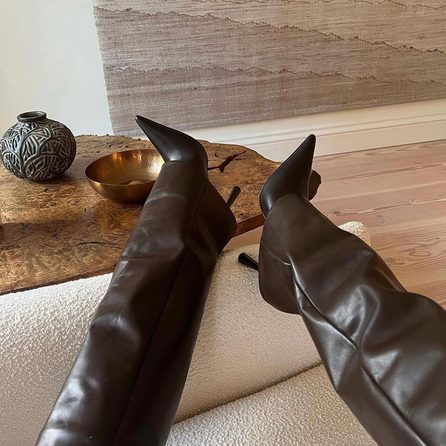 Modatope Knee High Chocolate Brown Fold Over Boots for Women Pointed Toe Stiletto Fall Boot Side Zipper Tall Fashion Boots Size 9