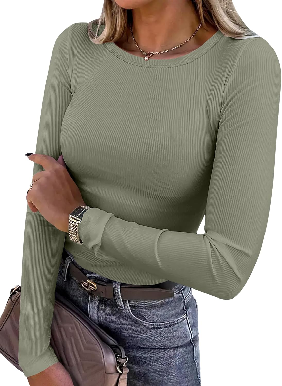 Women's Long Sleeve Rib Knit Shirt Slim Fit Crew Neck Basic Tee Medium Sage Green
