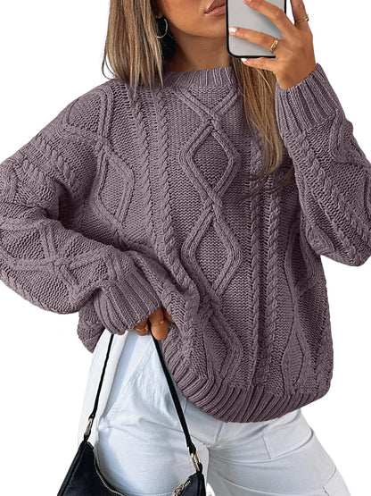 Women's Oversized Cable Knit Crewneck Sweaters - Cozy Fall Pullover Mauve Taupe
