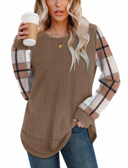 Women's Tunic Tops - Loose Fit Waffle Knit Long Sleeve Crewneck Sweaters