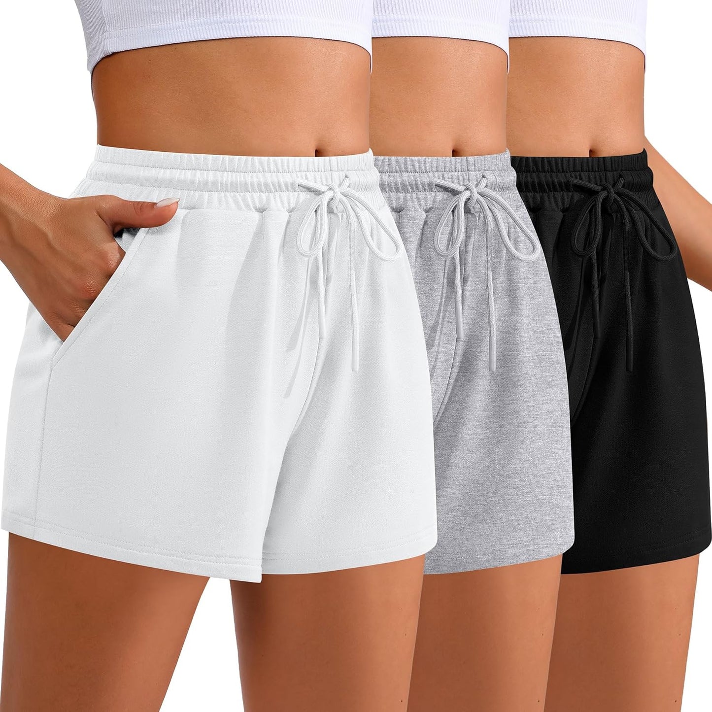 Women Sweat Shorts 3-Pack - High Waist Athletic Lounge Shorts with Pockets White, Light Gray, Black X-Large