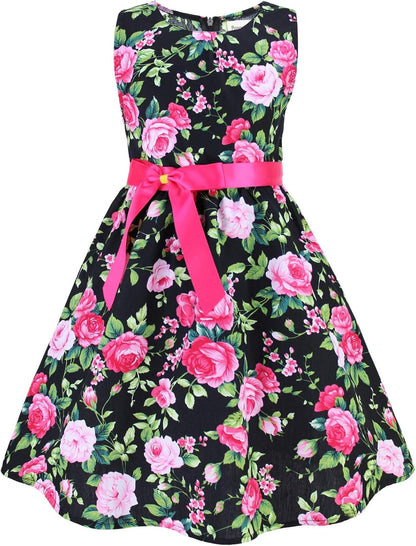 Girls Floral Cotton Dress - Sleeveless Summer Dress with Zipper Closure E2