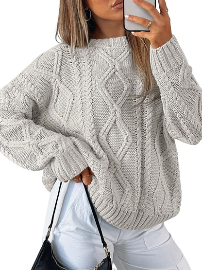 Women's Oversized Cable Knit Crewneck Sweaters - Cozy Fall Pullover