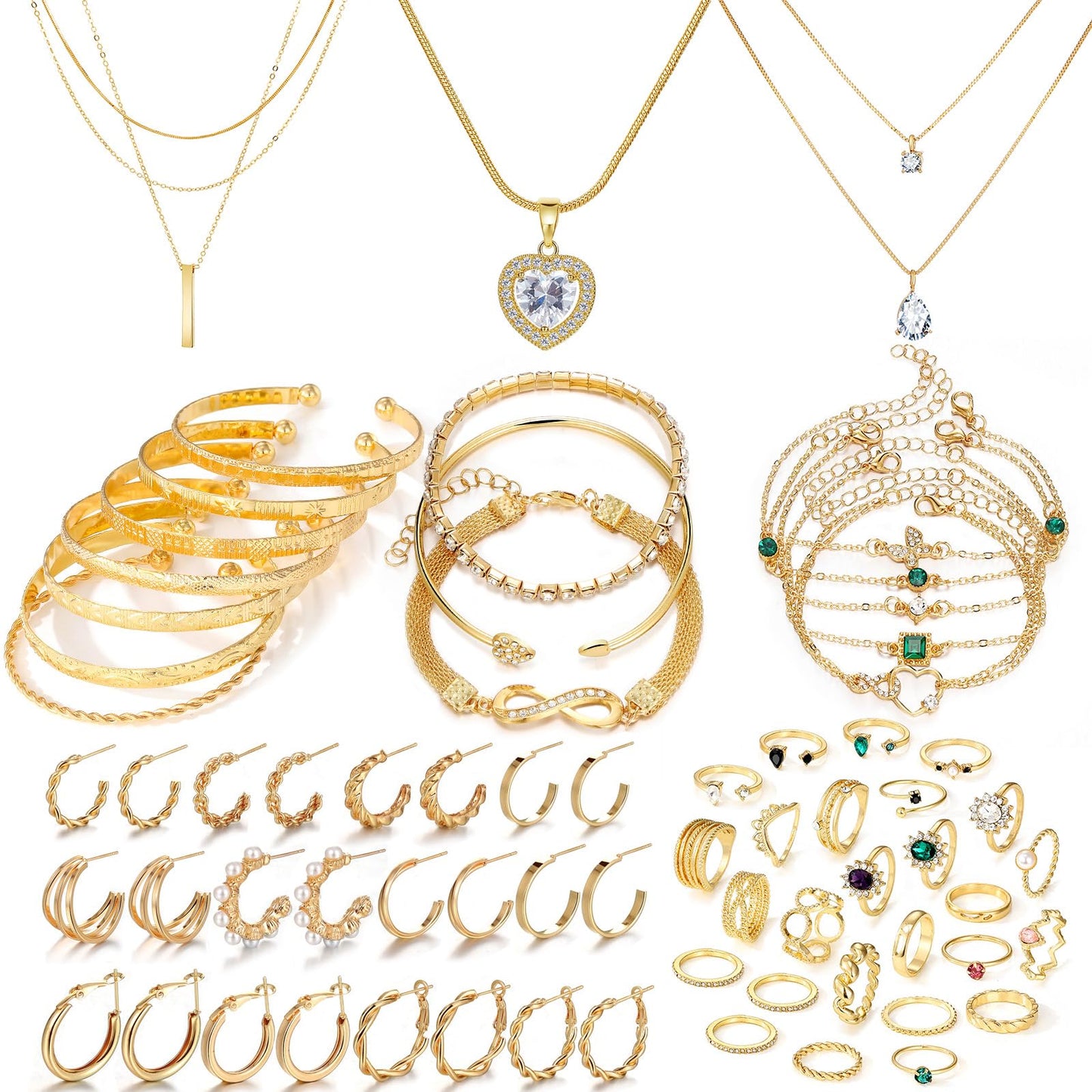 Women's Accessories - 36-Piece Gold Plated Jewelry Set Necklaces Bracelets Earrings Rings Gift Gold stackable