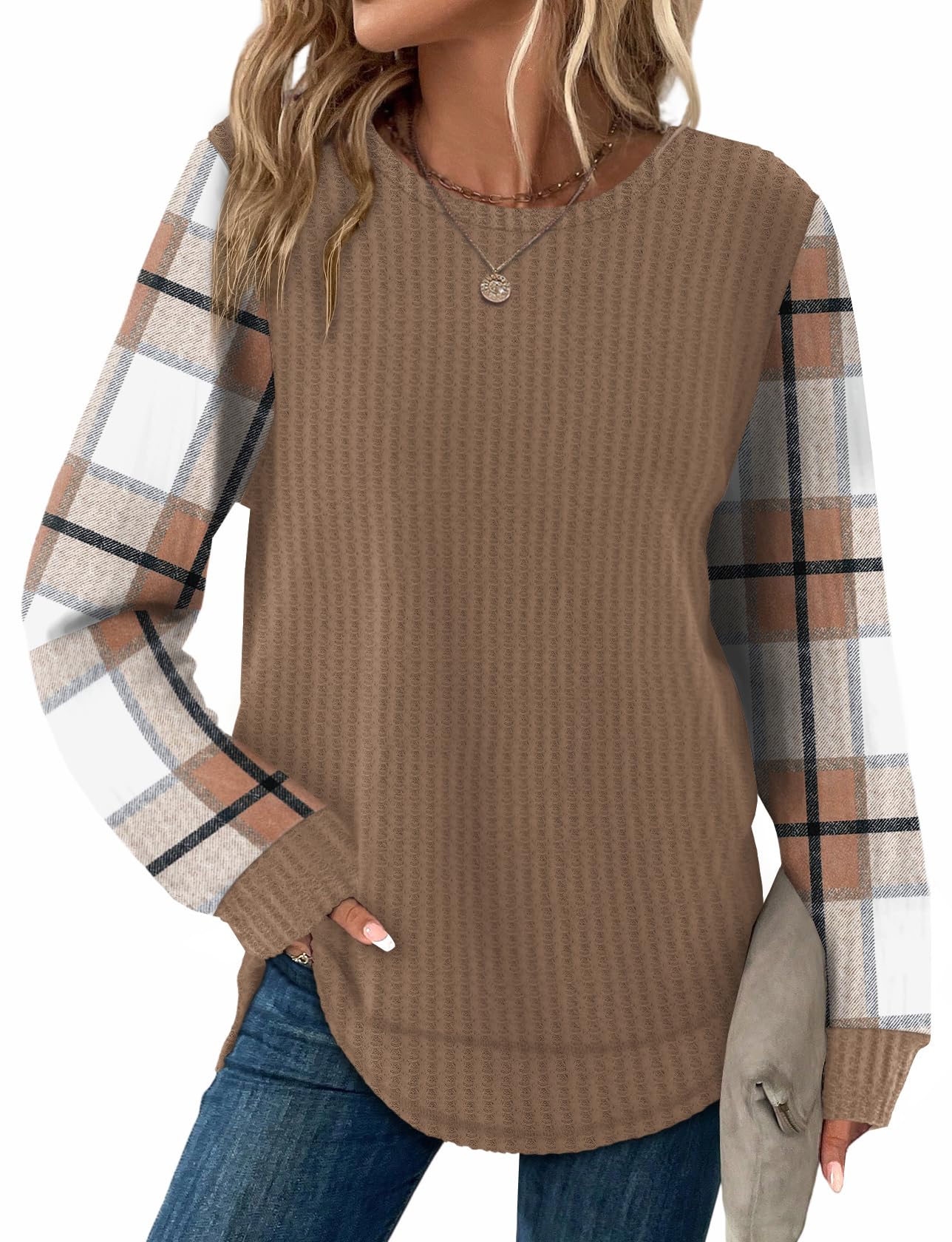 Women's Tunic Tops - Loose Fit Waffle Knit Long Sleeve Crewneck Sweaters Z-d-brown Checkered