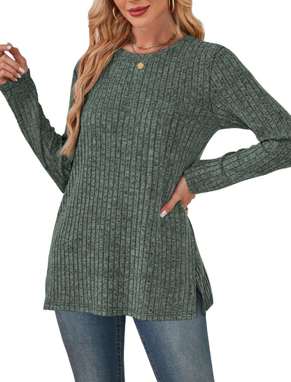 Women's Crewneck Sweater with Pockets - Long Sleeve Tunic Top with Side Slits