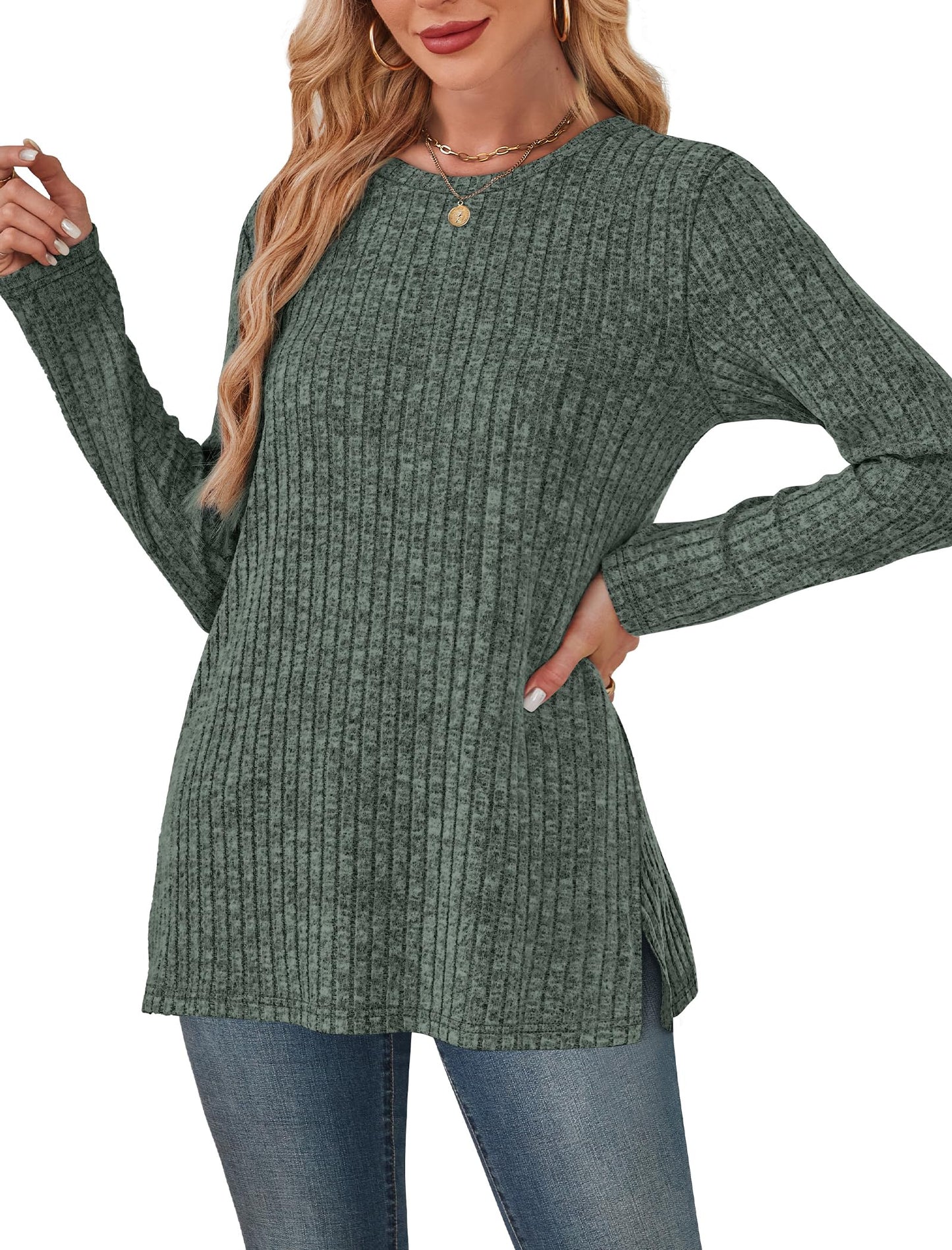 Women's Crewneck Sweater with Pockets - Long Sleeve Tunic Top with Side Slits