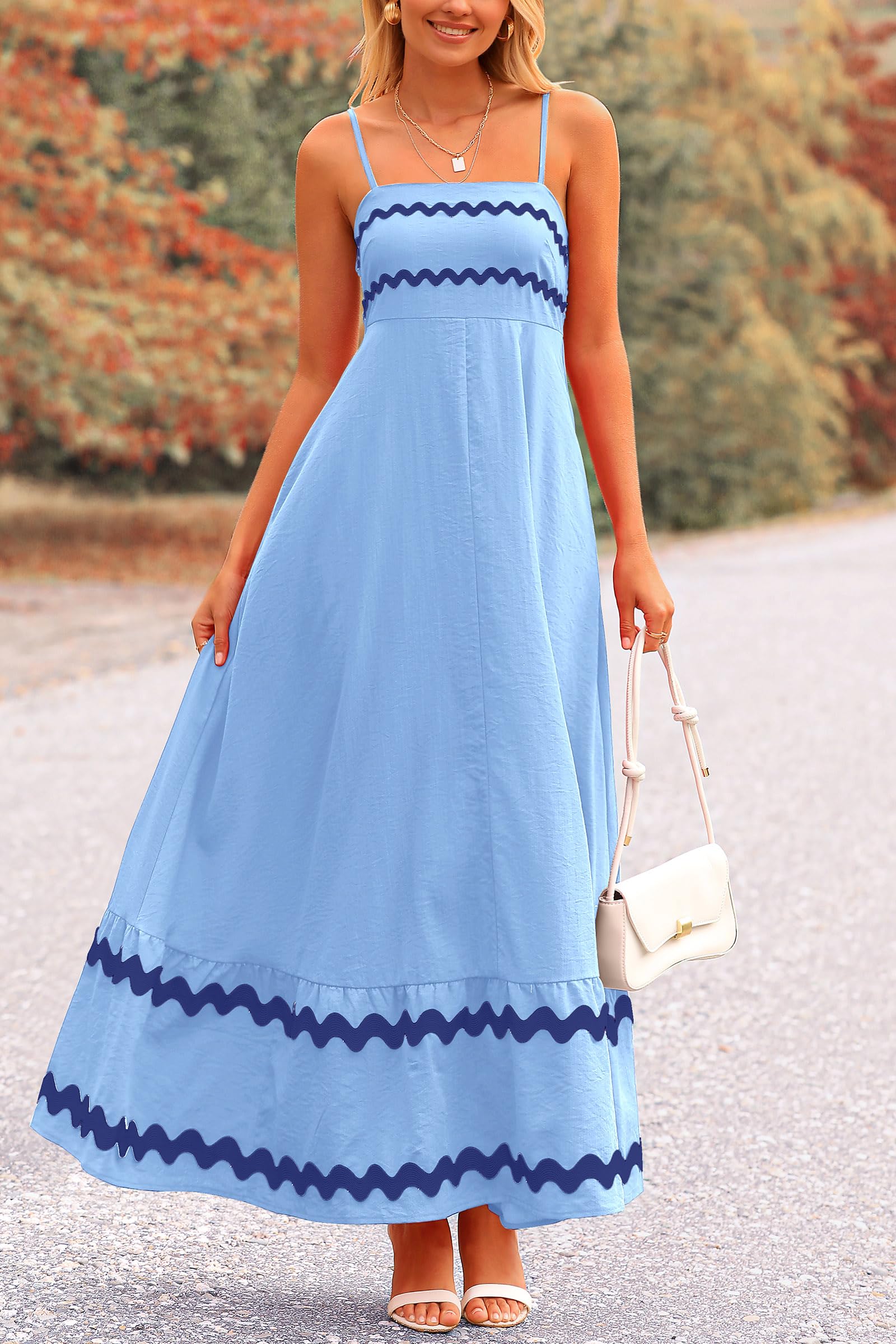 Blue Casual Dresses - Women's Sleeveless Spaghetti Strap Maxi Dress - Flowy Beach Ruffle